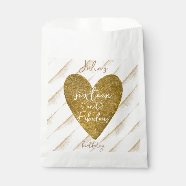 Any Age Sixteen & Fabulous Gold Glitter Heart Favour Bags (Front)