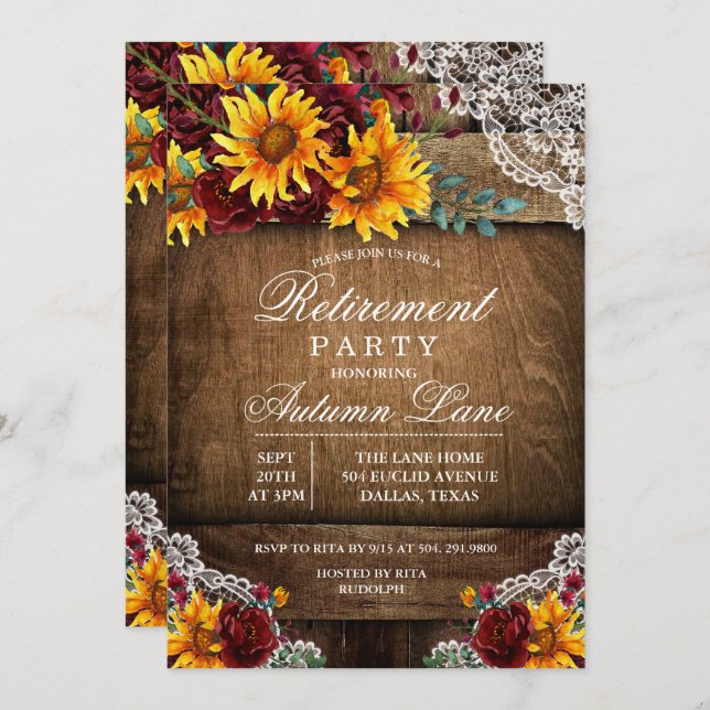 ANY AGE - Sunflower Lace Retirement Invitation (Front/Back)