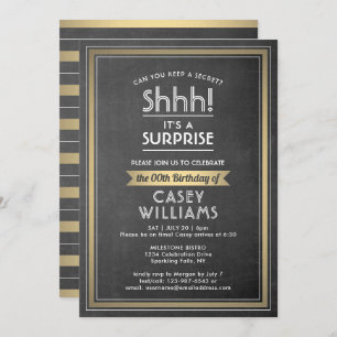 Any Age Surprise Birthday Black Gold Chalkboard Invitation