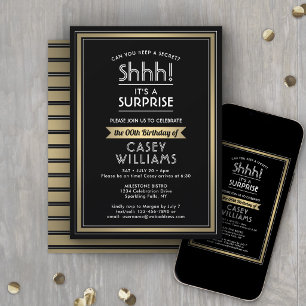Any Age Surprise Birthday Black Gold White 50th Invitation