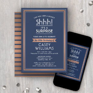 Any Age Surprise Birthday Navy Blue White Copper Invitation