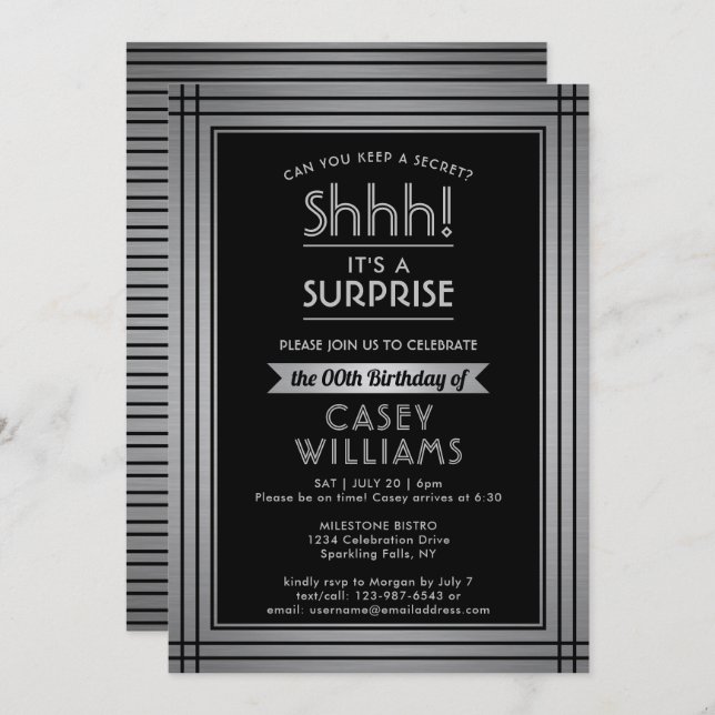 Any Age Surprise Birthday Silver Faux Metal 60th Invitation (Front/Back)