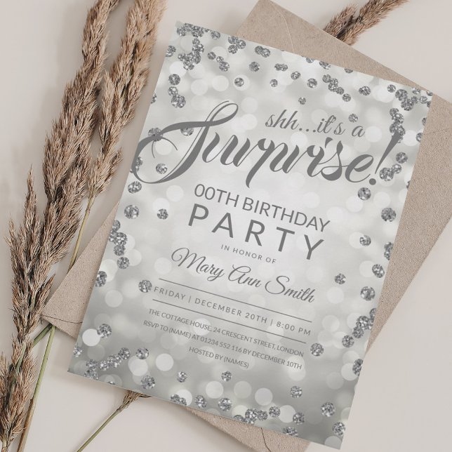 Any Age Surprise Party | Silver Glitter Confetti Invitation (Any Age Surprise Party | Silver Glitter Confetti Invitation)