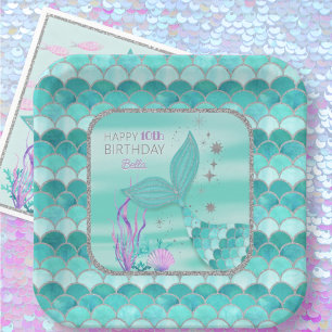 ANY AGE Teal Mermaid Silver Glitter Happy Birthday Paper Plate
