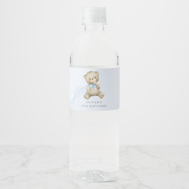 Any age teddy bear boy birthday  water bottle label (Front)