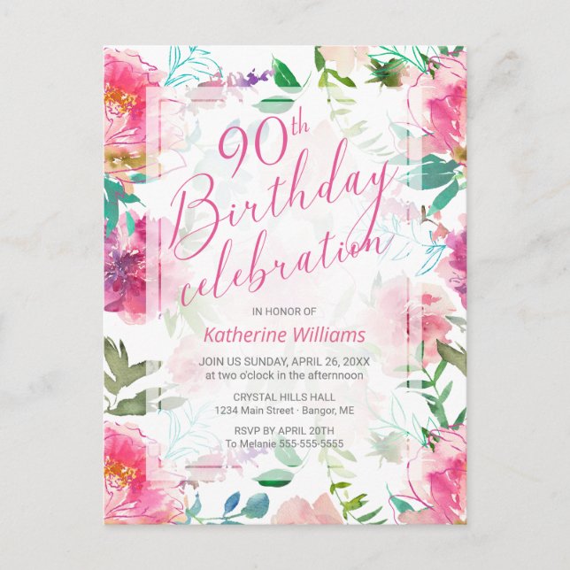 Any Age Tropical Floral Pink Peony 90th Birthday Invitation Postcard (Front)