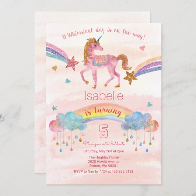 ANY AGE - Unicorn Glitter Birthday Invitation (Front/Back)
