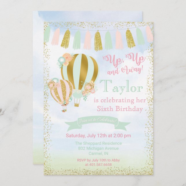 ANY AGE - Up & Away Hot Air Balloon Invitation (Front/Back)