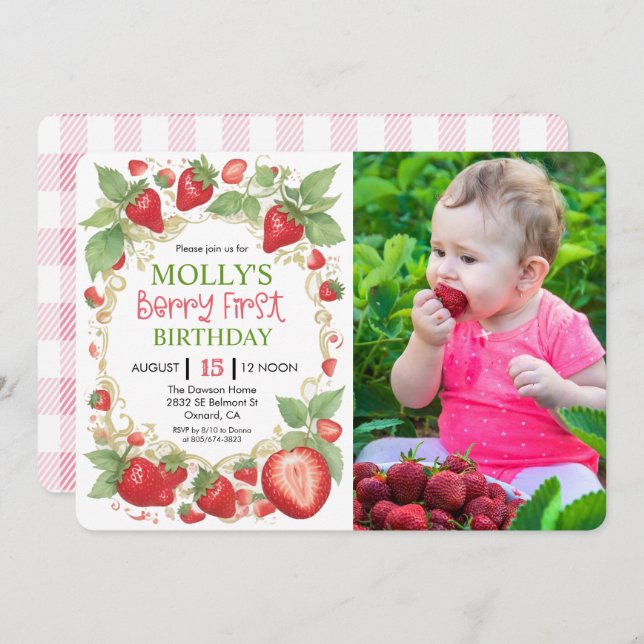 ANY AGE - Very Berry Strawberry Birthday Photo Invitation (Front/Back)