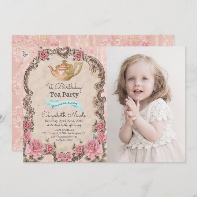 ANY AGE - Vintage Floral Tea Birthday Invitation (Front/Back)