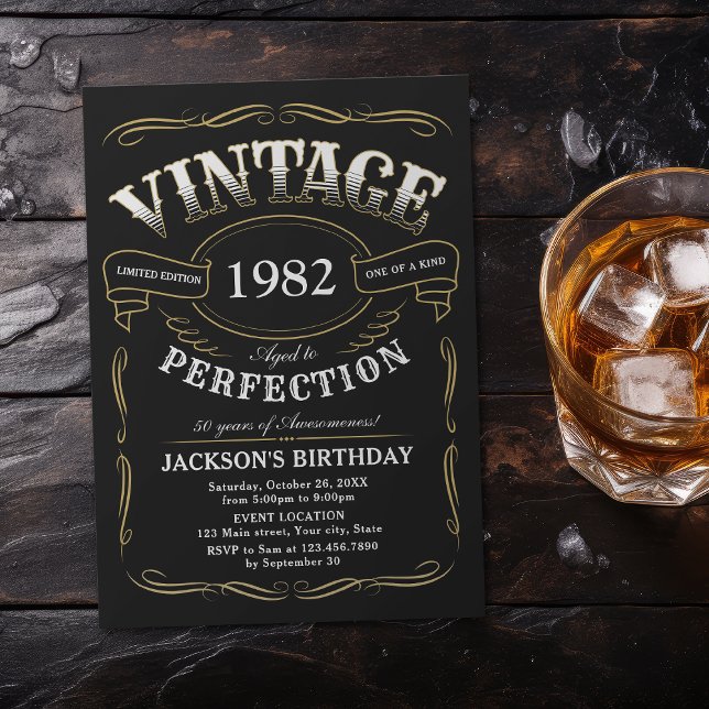 Any Age Vintage Whiskey Themed Birthday Invitation (Black and gold Any Age Vintage Whiskey Themed Birthday Invitation )