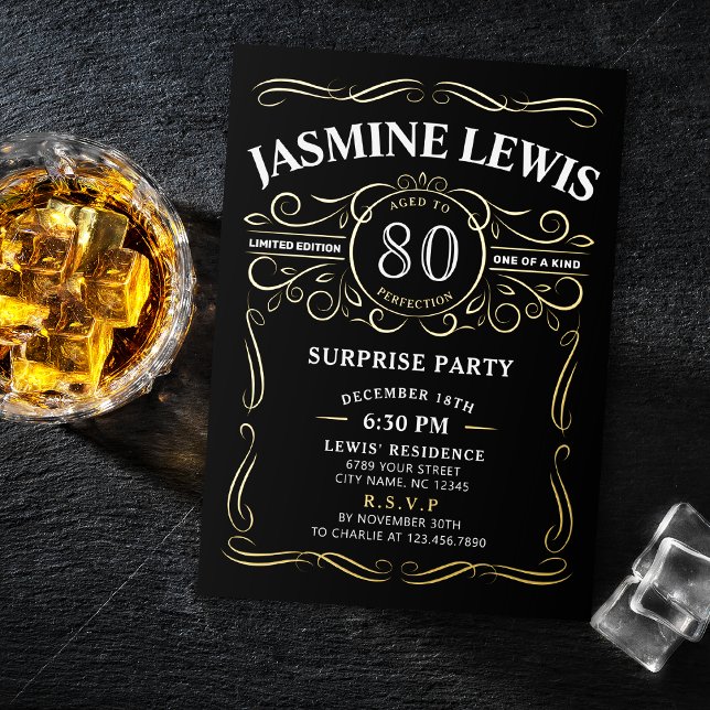 Any Age Vintage Whiskey Themed Surprise Birthday (Any Age Vintage Whiskey Themed Surprise 80th Birthday Foil Invitation)