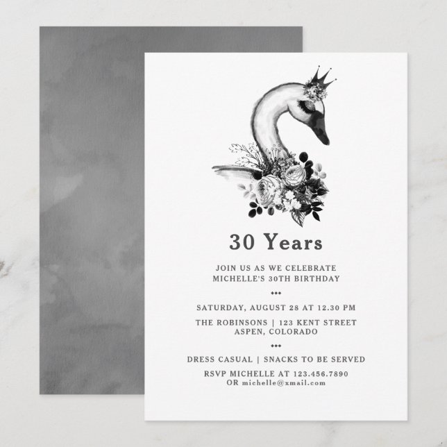Any Age Watercolor Swan Floral Birthday Party Invitation (Front/Back)