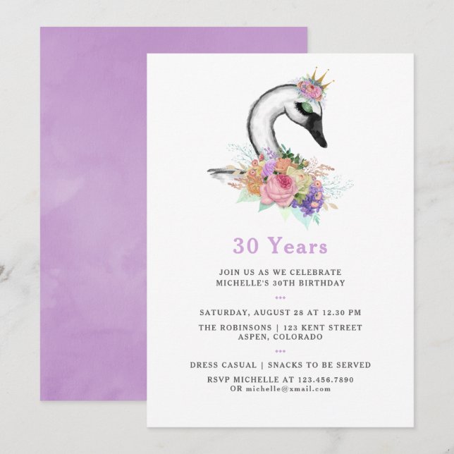 Any Age Watercolor Swan Floral Birthday Party Invitation (Front/Back)