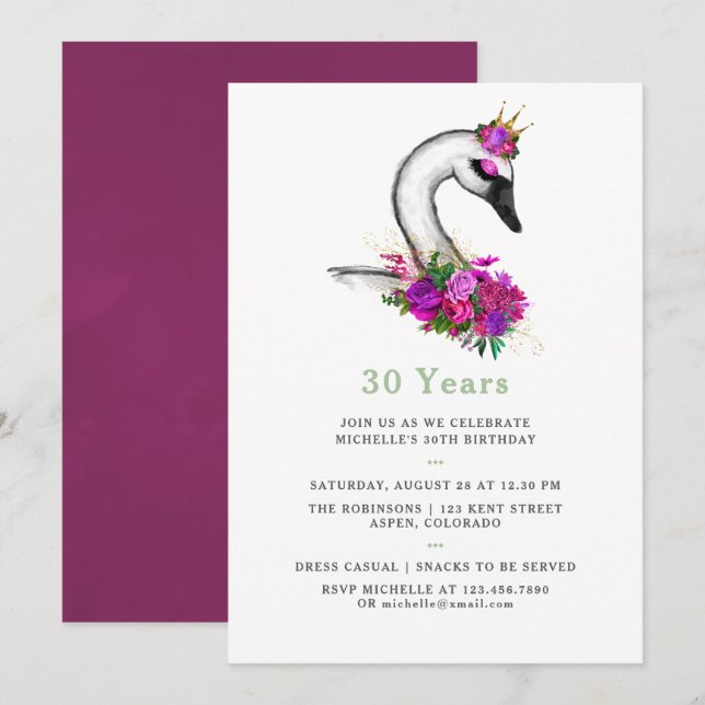 Any Age Watercolor Swan Floral Birthday Party Invitation (Front/Back)