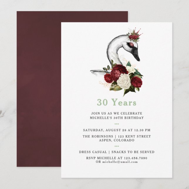 Any Age Watercolor Swan Floral Birthday Party Invitation (Front/Back)