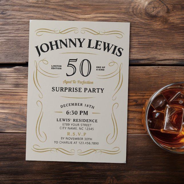 Any Age Whiskey themed surprise 50th birthday Invitation (Any Age Whiskey themed surprise 50th birthday Invitation beige)