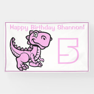 Any Age White and Pink T Rex Dinosaur Birthday Banner