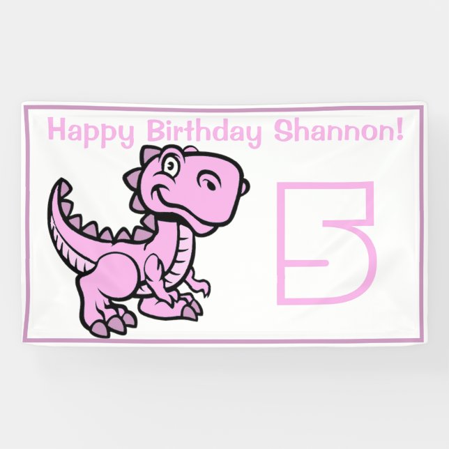 Any Age White and Pink T Rex Dinosaur Birthday Banner (Horizontal)