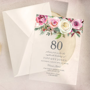 Any Age White Rose Floral 80th Birthday Invite Acrylic Invitations