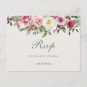Any Age White Rose Floral Birthday Party RSVP Invitation Postcard