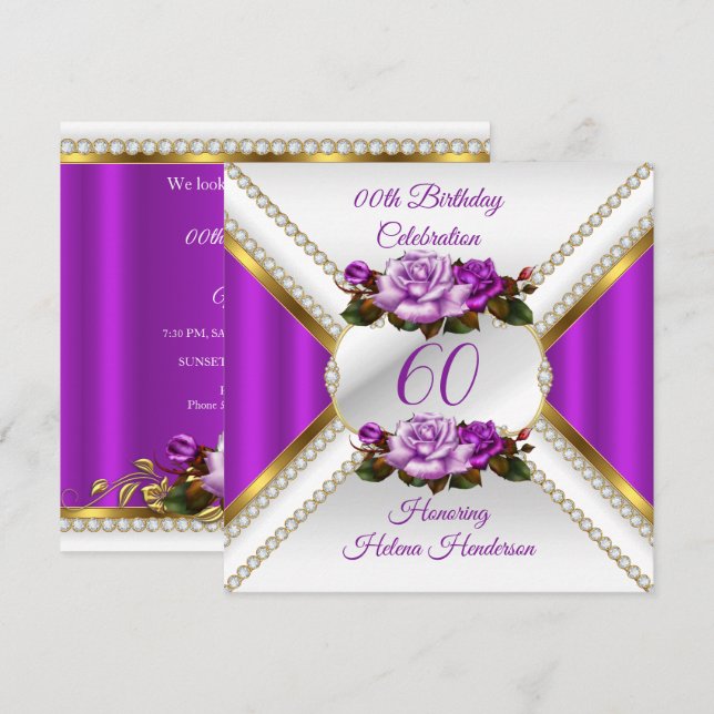 Any Age Women Birthday Party White Gold Lilac Rose Invitation (Front/Back)