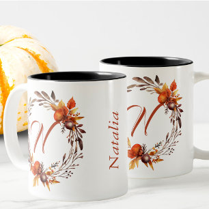 Any All Letter Girly Stylish Boho Foliage Monogram Two-Tone Coffee Mug