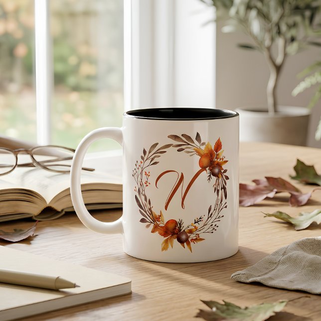 Any All Letter Girly Stylish Boho Foliage Monogram Two-Tone Coffee Mug (Creator Uploaded)