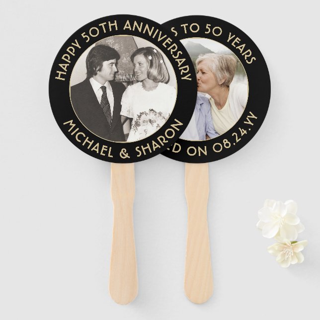 ANY Anniversary 2 Photo Elegant Black & Gold Round Hand Fan (Front and Back)