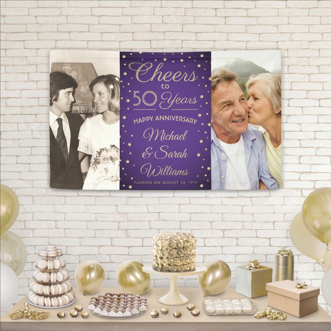 ANY Anniversary Cheers 2 Photo Purple & Gold Party Banner (Creator Uploaded)