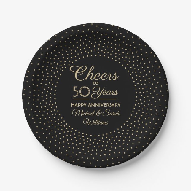 ANY Anniversary Cheers Black and Gold Confetti Paper Plate (Front)