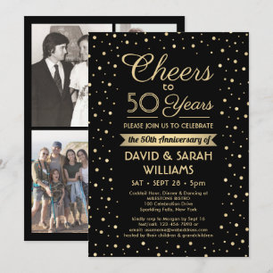 ANY Anniversary Cheers Black Gold Confetti 4 Photo Invitation