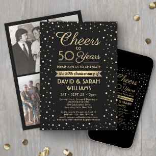 ANY Anniversary Cheers Black Gold Confetti 4 Photo Invitation