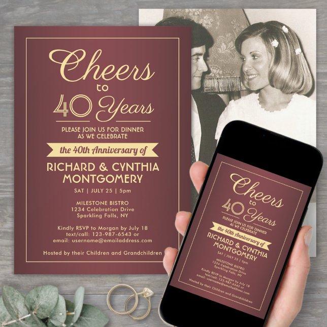 ANY Anniversary Cheers Burgundy & Gold Photo Party Invitation (Creator Uploaded)