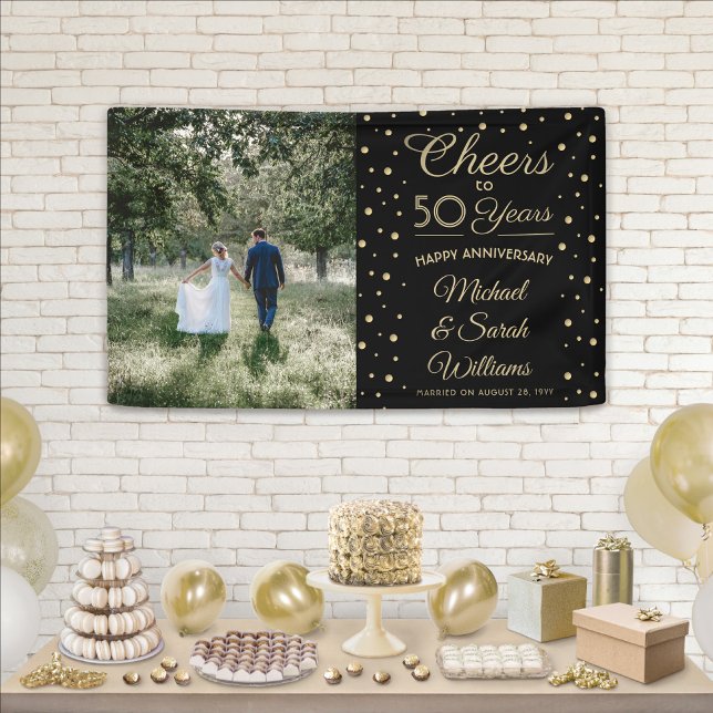 ANY Anniversary Cheers Elegant Photo Black & Gold Banner (Creator Uploaded)