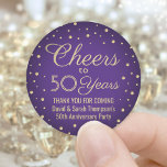 ANY Anniversary Cheers Elegant Purple and Gold Classic Round Sticker<br><div class="desc">Add a personalised finishing touch to wedding anniversary thank you notes or party favours with custom purple and gold round stickers / envelope seals. The wording on this template, including "Cheers to 50 Years, " is simple to customise for any year anniversary or birthday. The design features classic vintage typography,...</div>