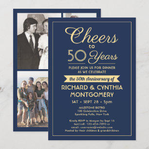 ANY Anniversary Cheers Navy Blue and Gold 1 Photo Invitation