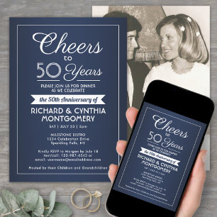ANY Anniversary Cheers Navy Blue and White 1 Photo Invitation