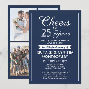 ANY Anniversary Cheers Navy Blue and White 1 Photo Invitation