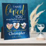 Any Anniversary Loved Heart Photo Collage Plaque<br><div class="desc">A fabulous custom heart photo collage Anniversary design. This blue space themed design is a gorgeous way to send a heart felt wedding anniversary message. Fill out the 3 hearts with photos. A stylish blue and gold personalised design they are sure to love.</div>