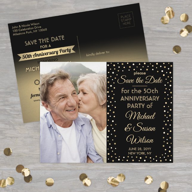 ANY Anniversary Save the Date 1 Photo Black & Gold Invitation Postcard (Creator Uploaded)