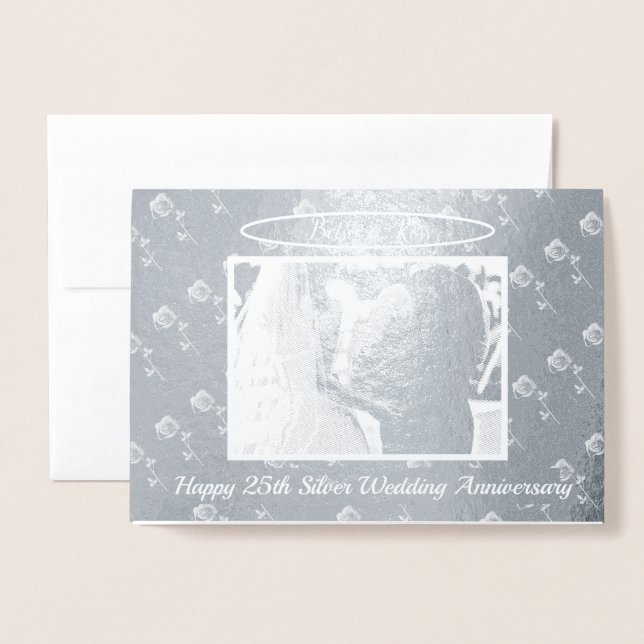 Any Anniversary Silver Roses Photo Frame Blank Foil Card (Front With Envelope)