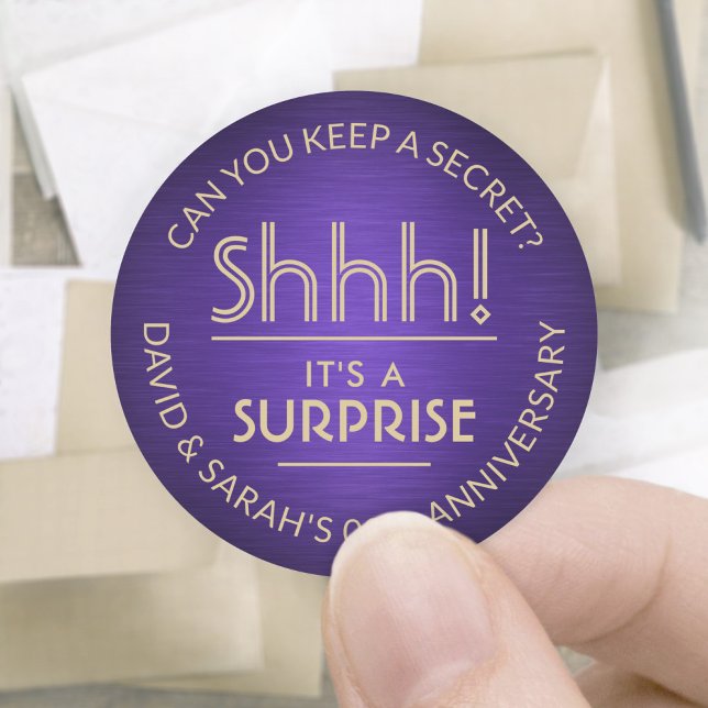 ANY Anniversary Surprise Brushed Purple and Gold Classic Round Sticker (Creator Uploaded)