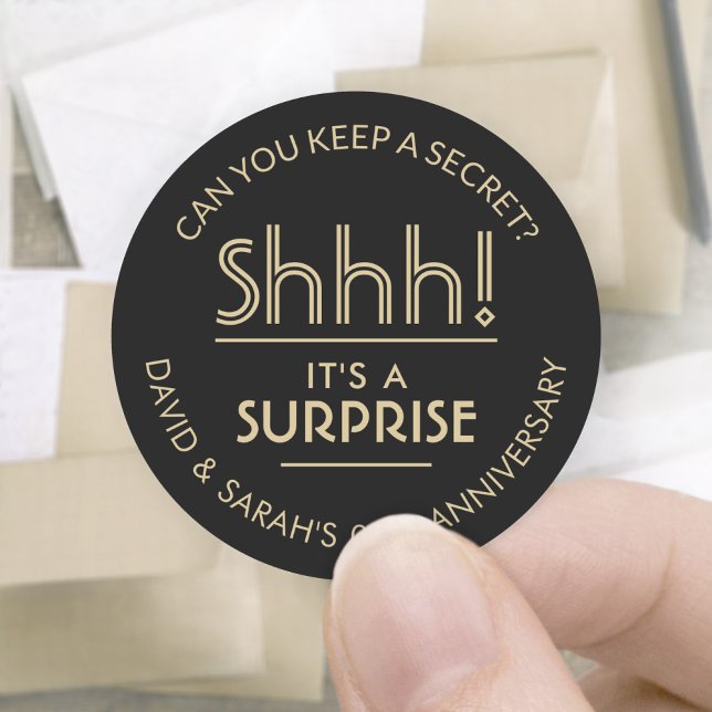 ANY Anniversary Surprise Party Black and Gold Classic Round Sticker (Creator Uploaded)