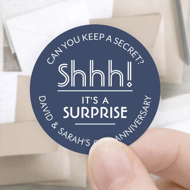 ANY Anniversary Surprise Party Navy Blue and White Classic Round Sticker (Creator Uploaded)