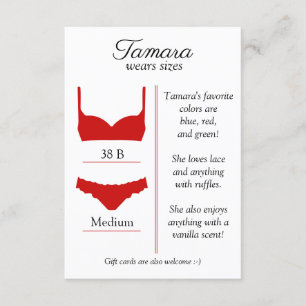 ANY BACKGROUND COLOR: Lingerie Size Insert Card