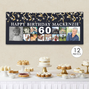 Any Birthday 12 Photo Collage Black Gold Streamers Banner