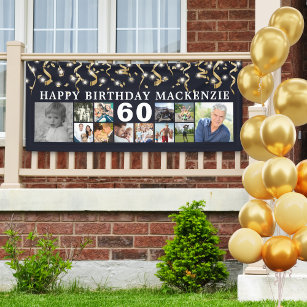 Any Birthday 12 Photo Collage Black Gold Streamers Banner