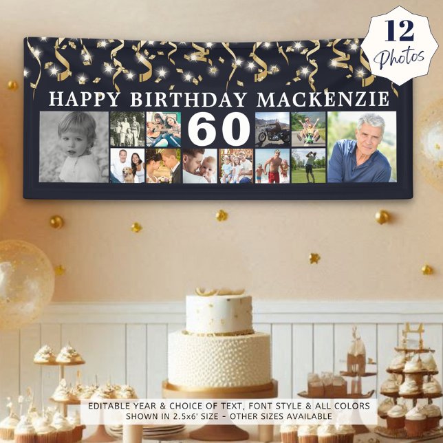 Any Birthday 12 Photo Collage Black Gold Streamers Banner (Creator Uploaded)