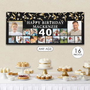 Any Birthday 16 Photo Black Gold Confetti Lights Banner